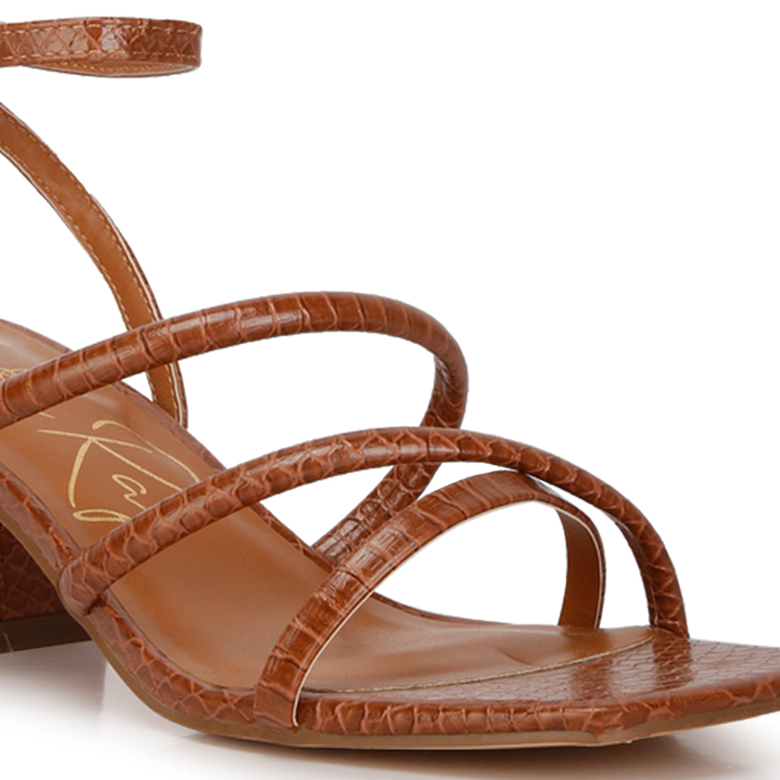Tan Croc Mid Block Heel Casual Sandals