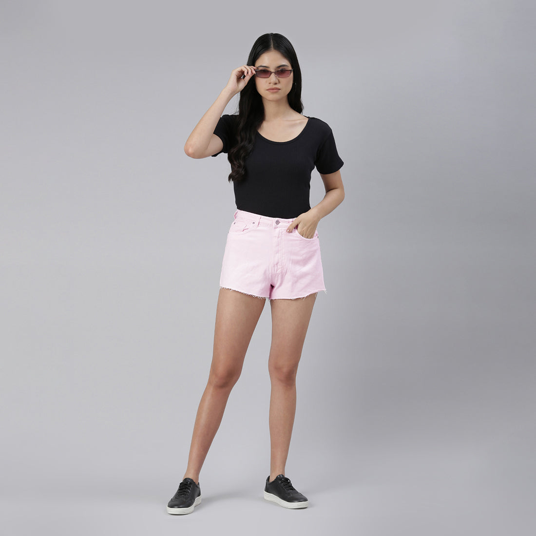 Pink Jeans High Waist Raw Hem Shorts