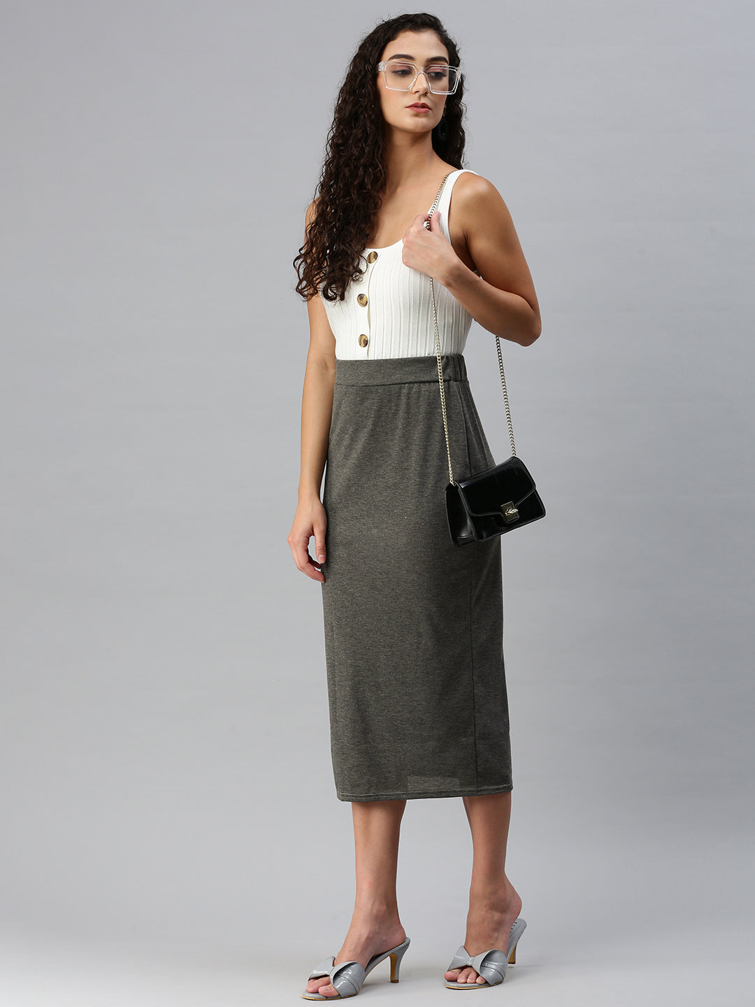 knitted long tube skirt#color_grey