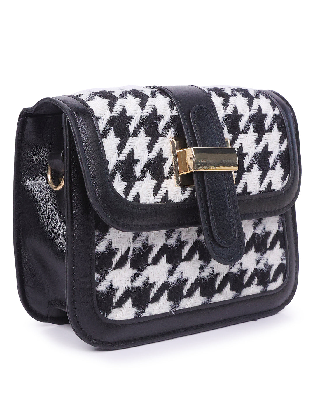 houndstooth woven detail sling bag#color_black