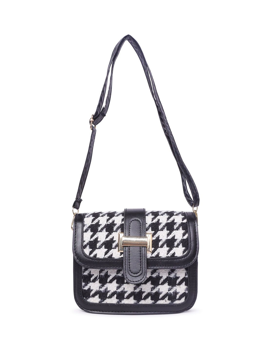 houndstooth woven detail sling bag#color_black