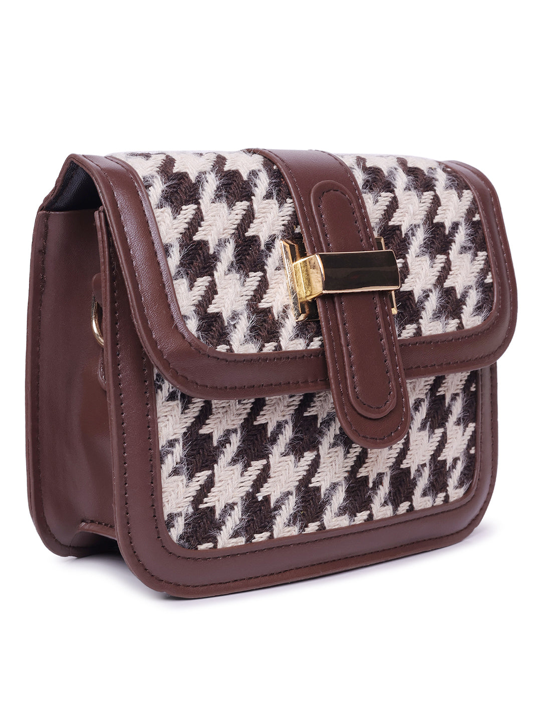 houndstooth woven detail sling bag#color_brown