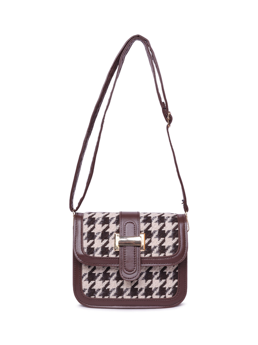 houndstooth woven detail sling bag#color_brown