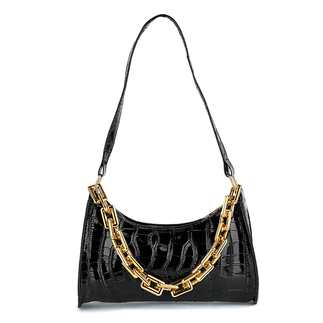croc pattern baguette bag#color_black