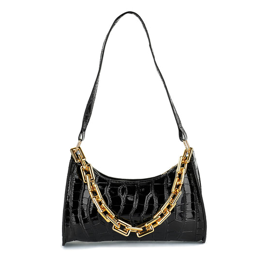 croc pattern baguette bag#color_black