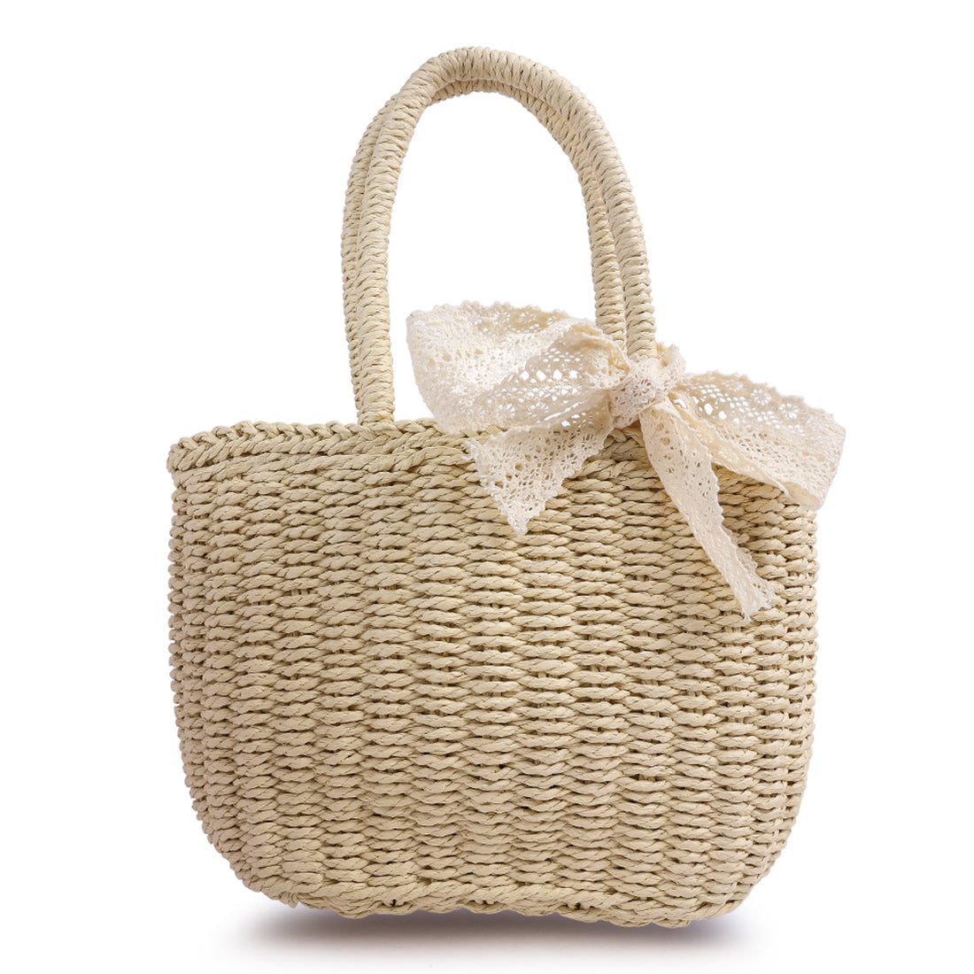 lace ribbon woven handbag#color_beige