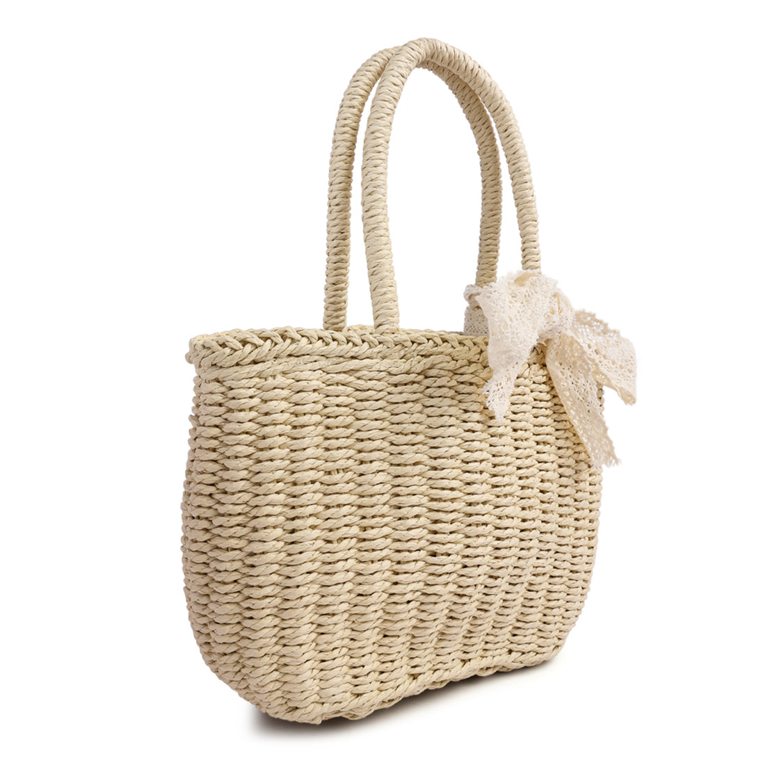 lace ribbon woven handbag#color_beige