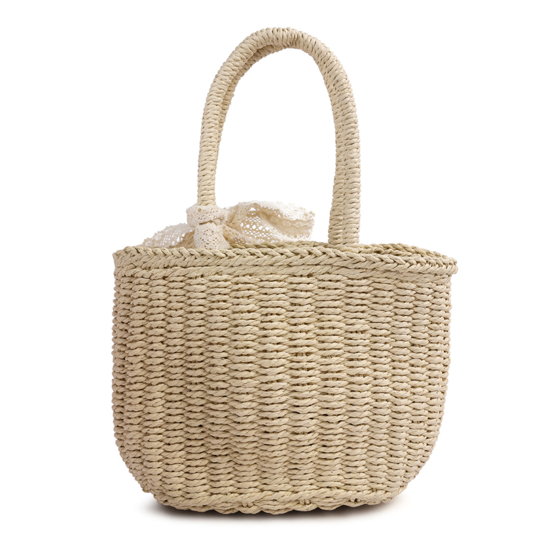 lace ribbon woven handbag#color_beige