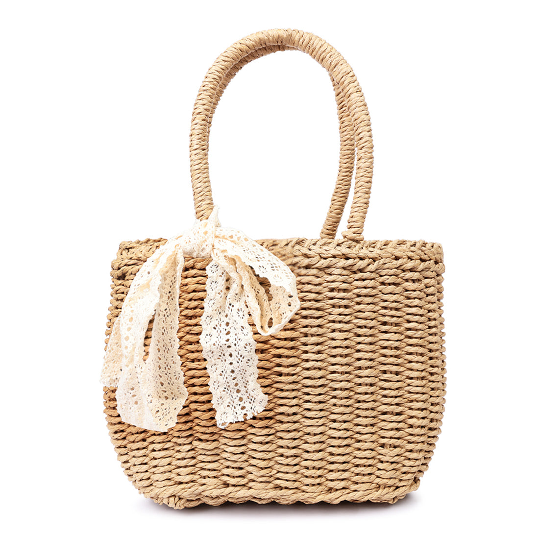 lace ribbon woven handbag#color_beige