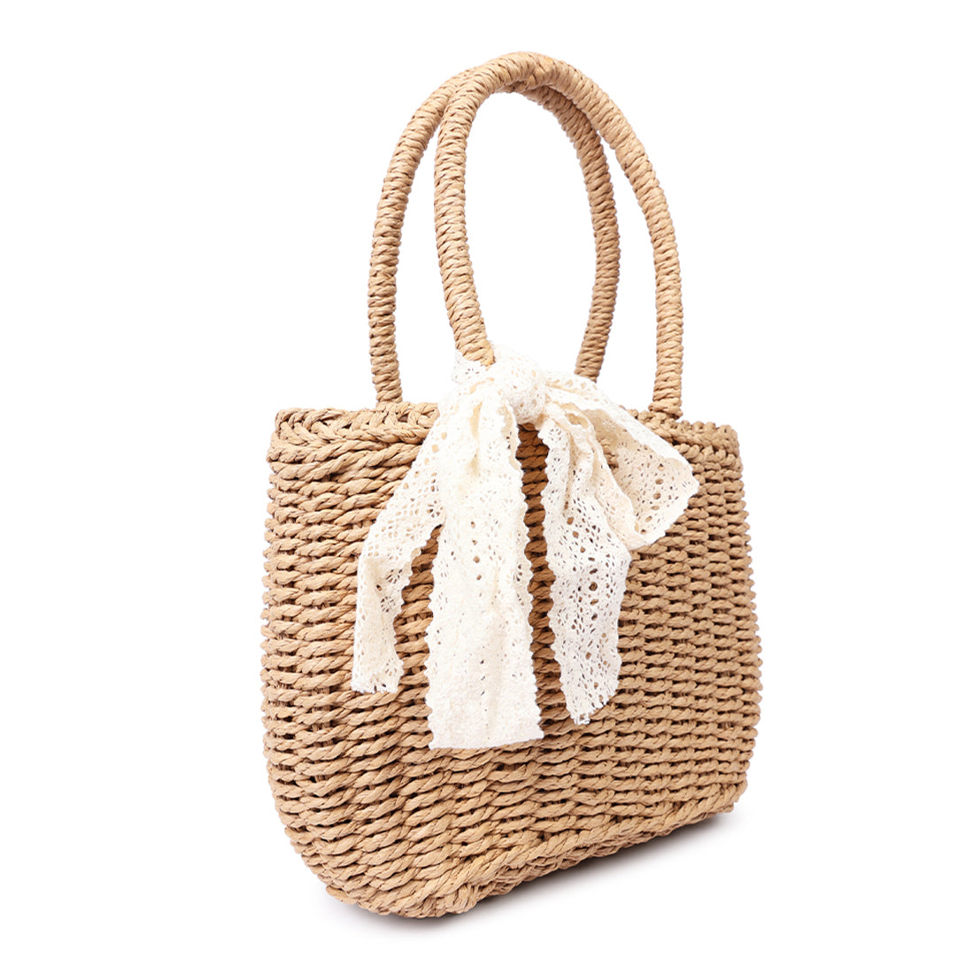 lace ribbon woven handbag#color_beige