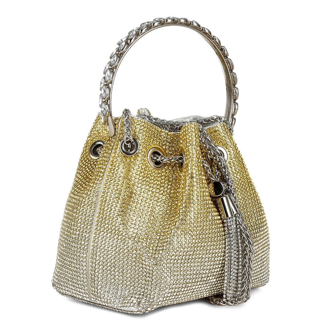 round handle rhinestone bucket bag#color_gold