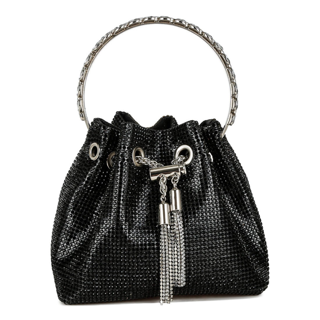 round handle rhinestone bucket bag#color_black
