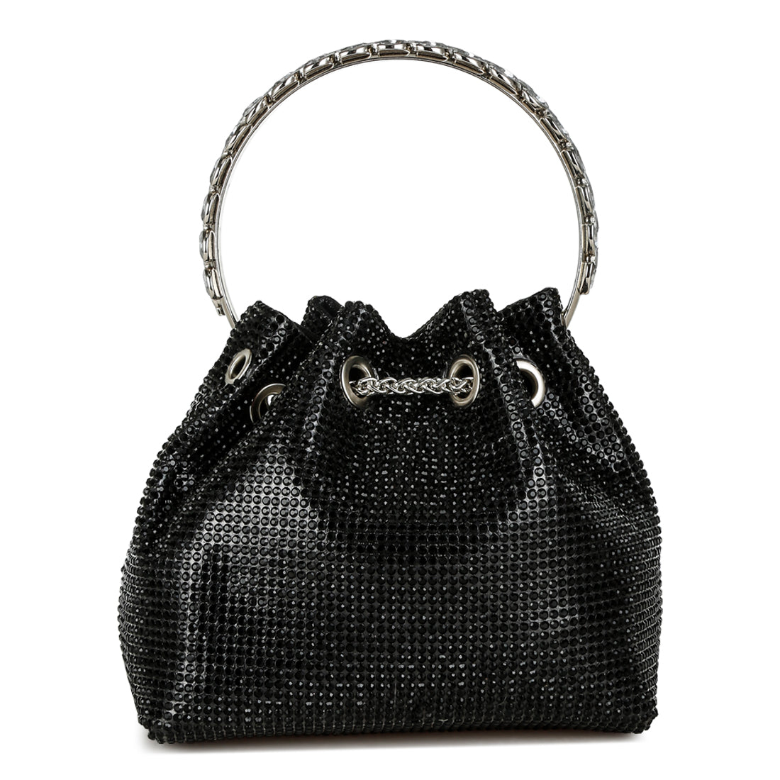 round handle rhinestone bucket bag#color_black