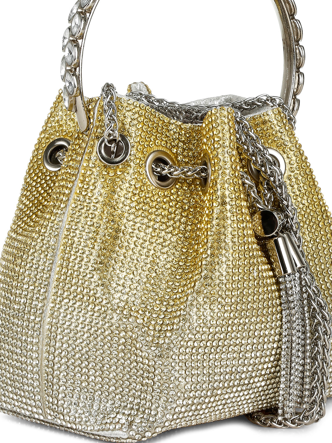 round handle rhinestone bucket bag#color_gold