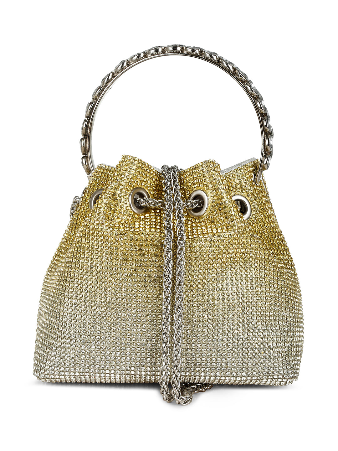round handle rhinestone bucket bag#color_gold