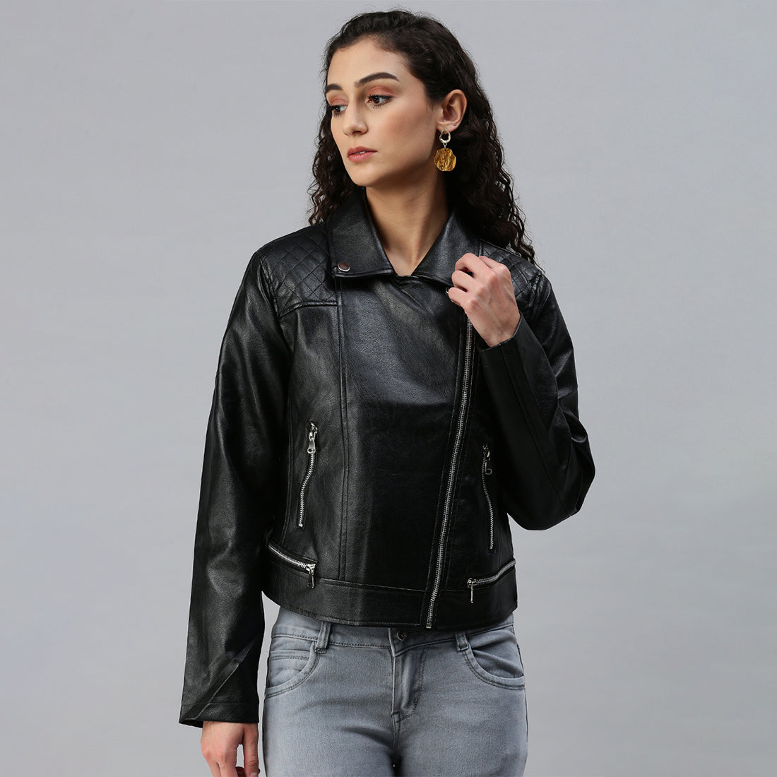 pu collared biker jacket#color_black