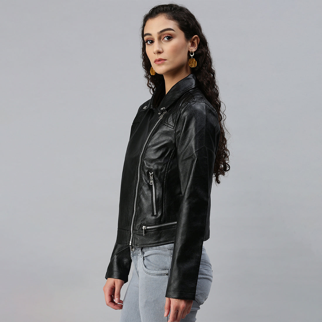 pu collared biker jacket#color_black