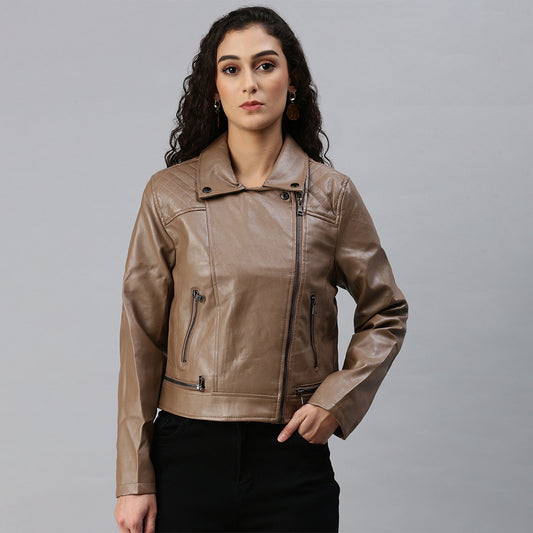 pu collared biker jacket#color_brown