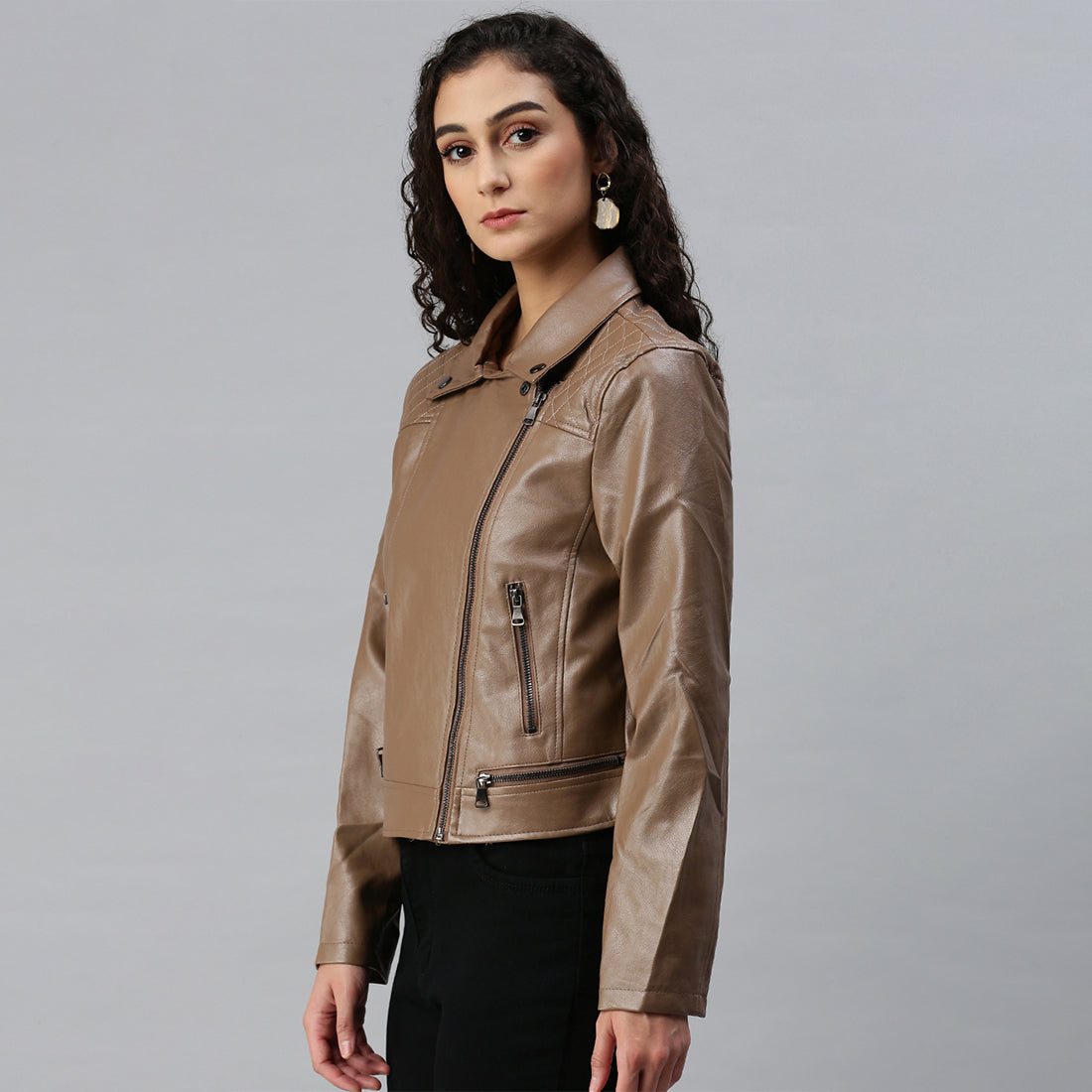 pu collared biker jacket#color_brown