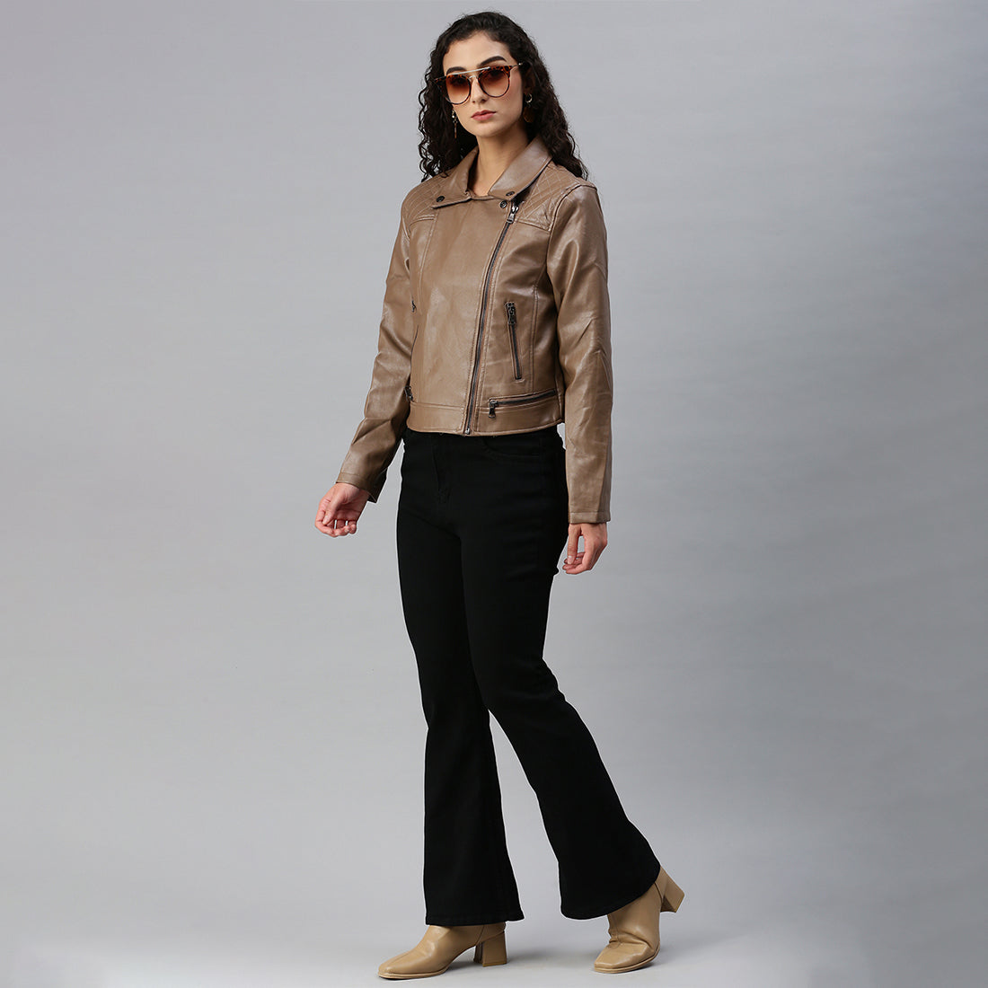 pu collared biker jacket#color_brown