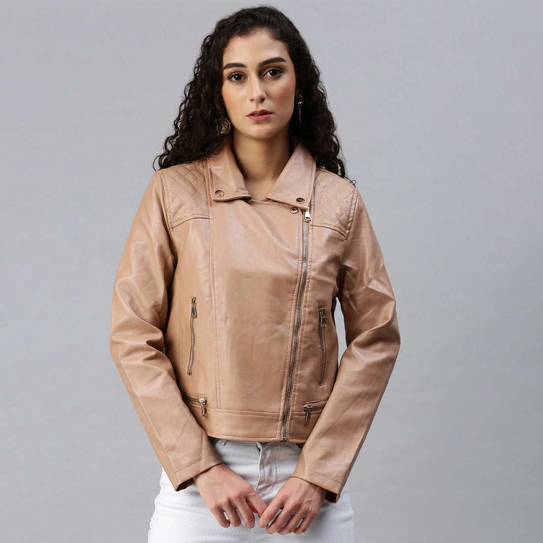 pu collared biker jacket#color_taupe