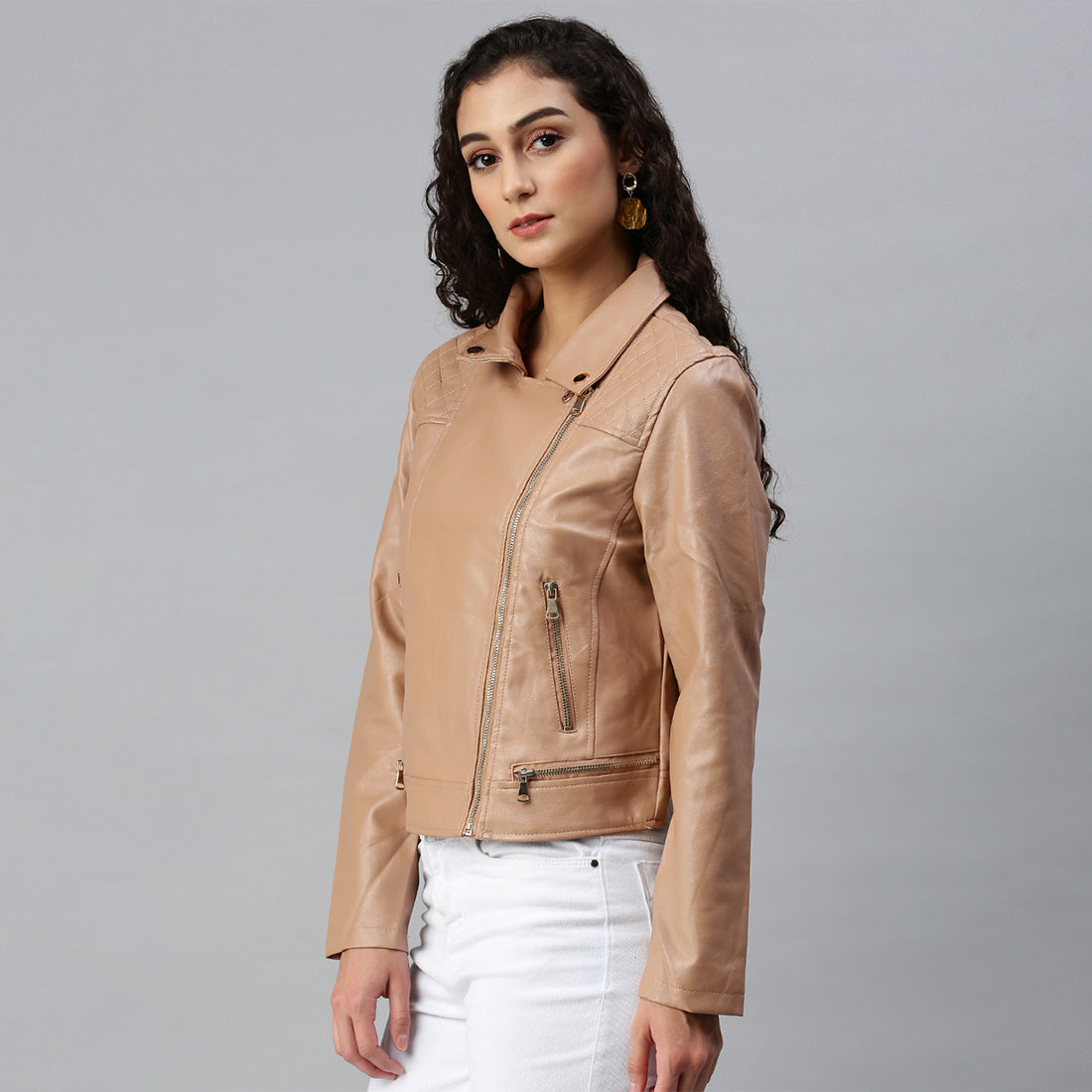 pu collared biker jacket#color_taupe