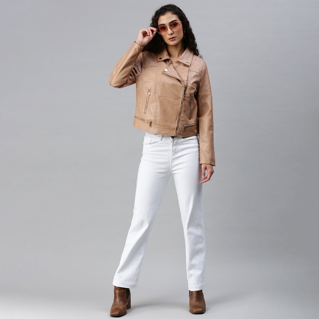 pu collared biker jacket#color_taupe