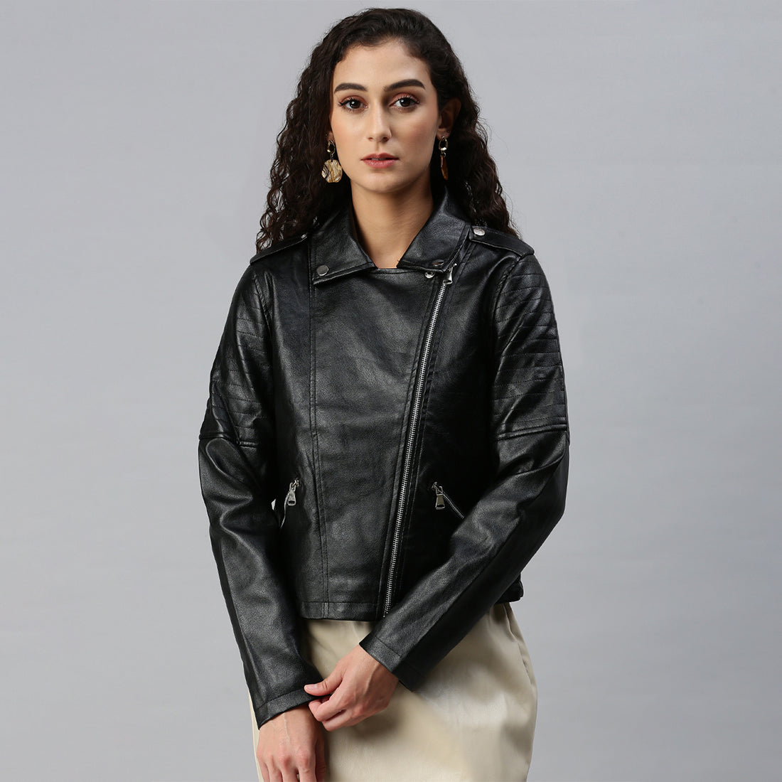 collared pu biker jacket#color_black