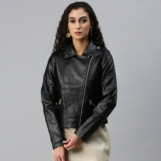 collared pu biker jacket#color_black