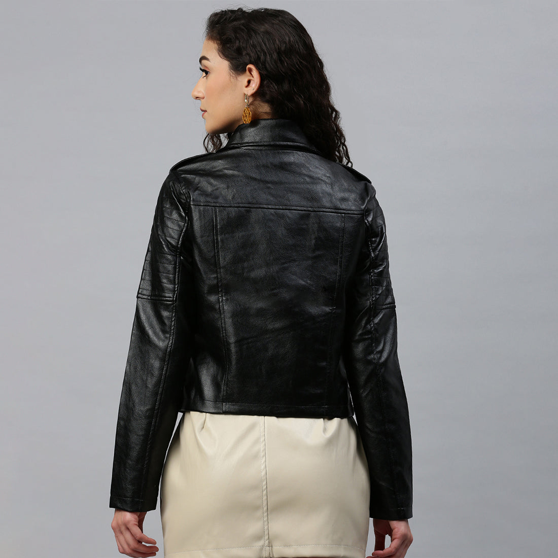collared pu biker jacket#color_black