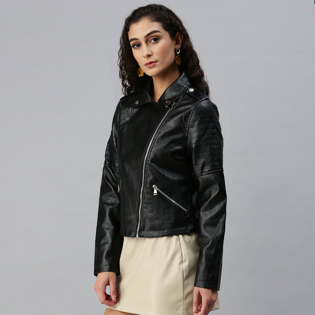 collared pu biker jacket#color_black