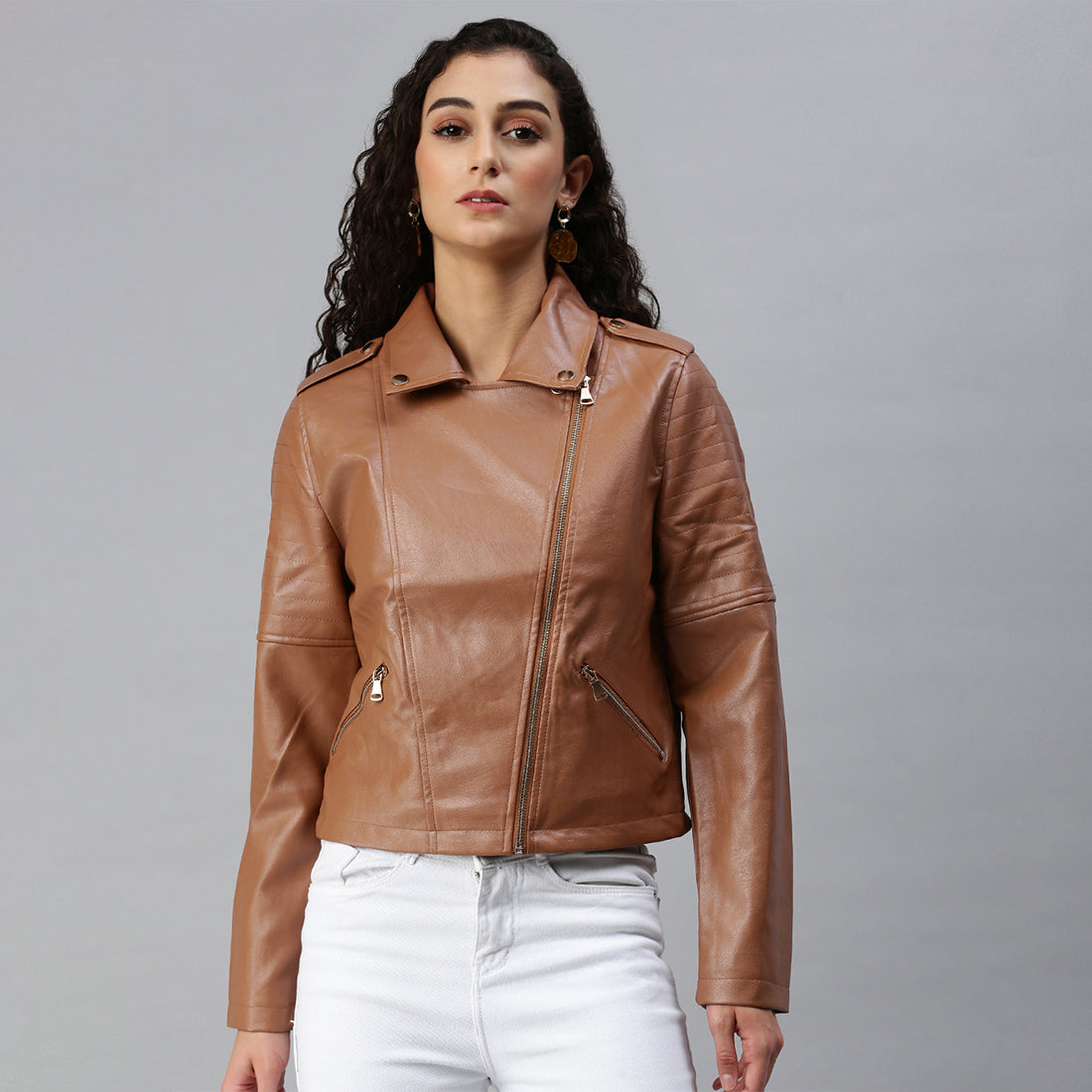 collared pu biker jacket#color_camel