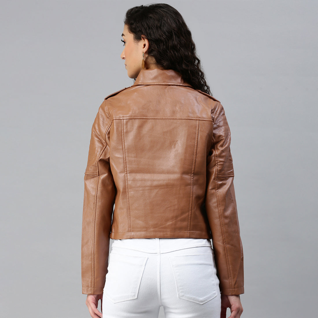 collared pu biker jacket#color_camel