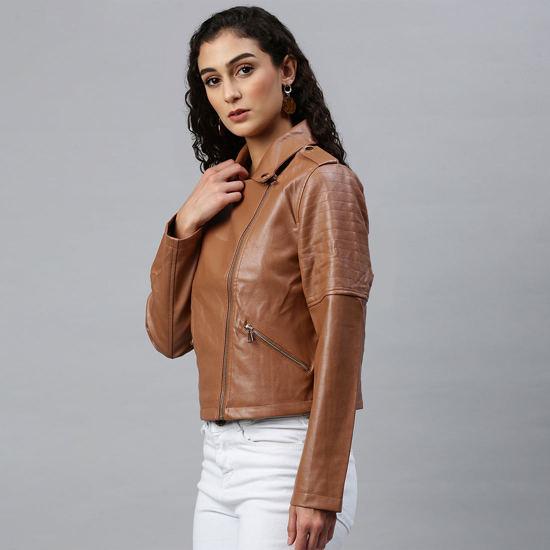 collared pu biker jacket#color_camel