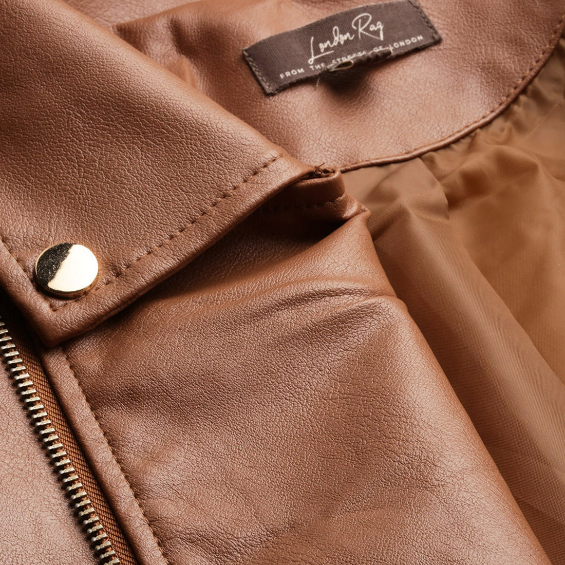 collared pu biker jacket#color_camel