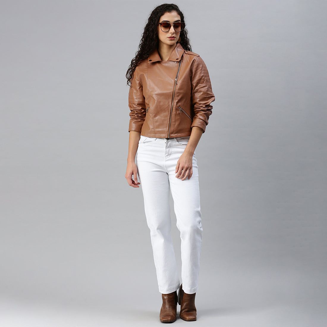 collared pu biker jacket#color_camel