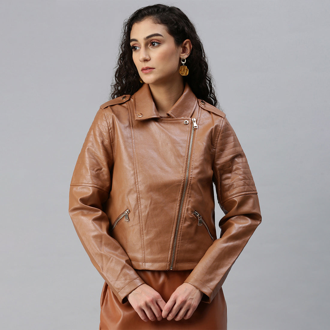 collared pu biker jacket#color_coffee