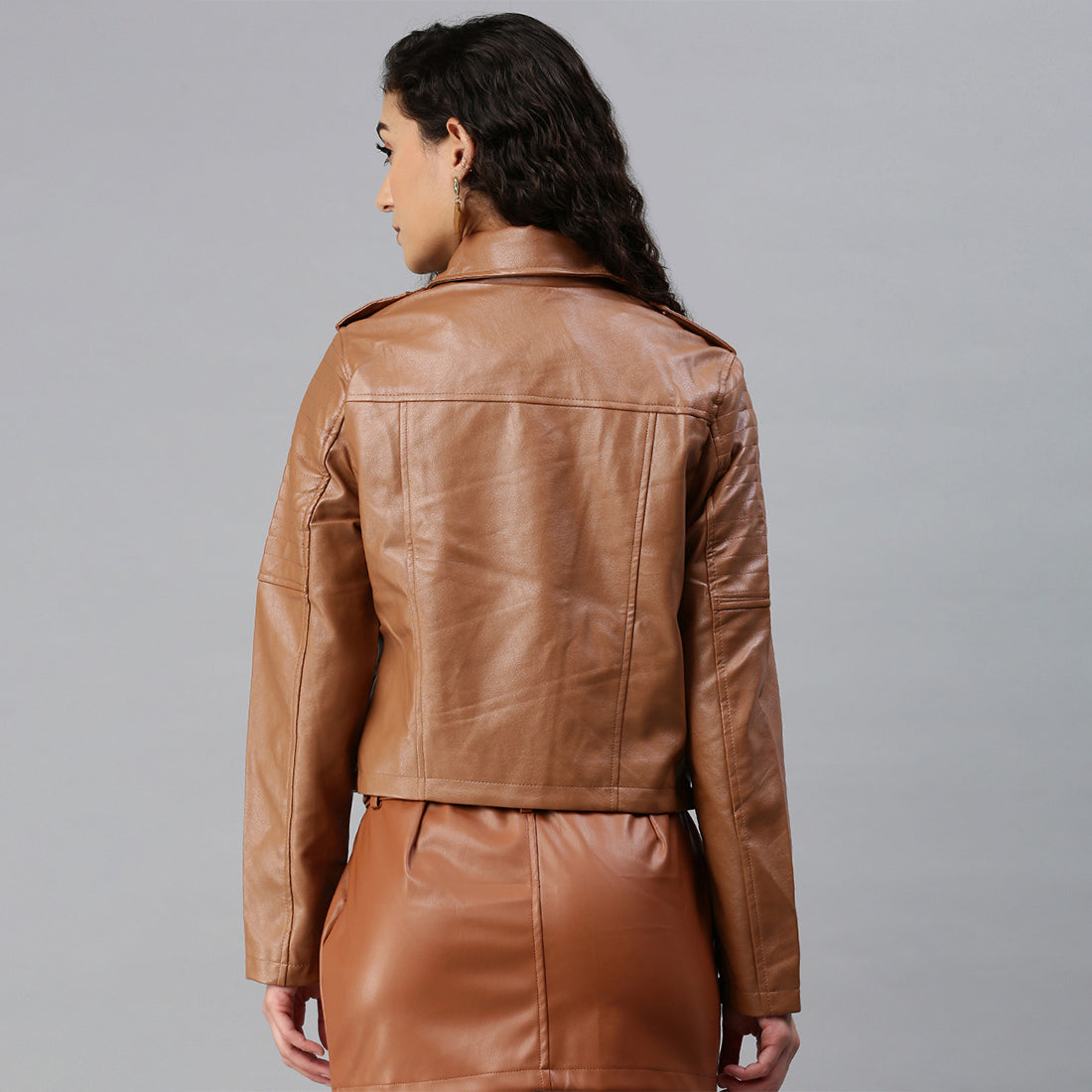 collared pu biker jacket#color_coffee