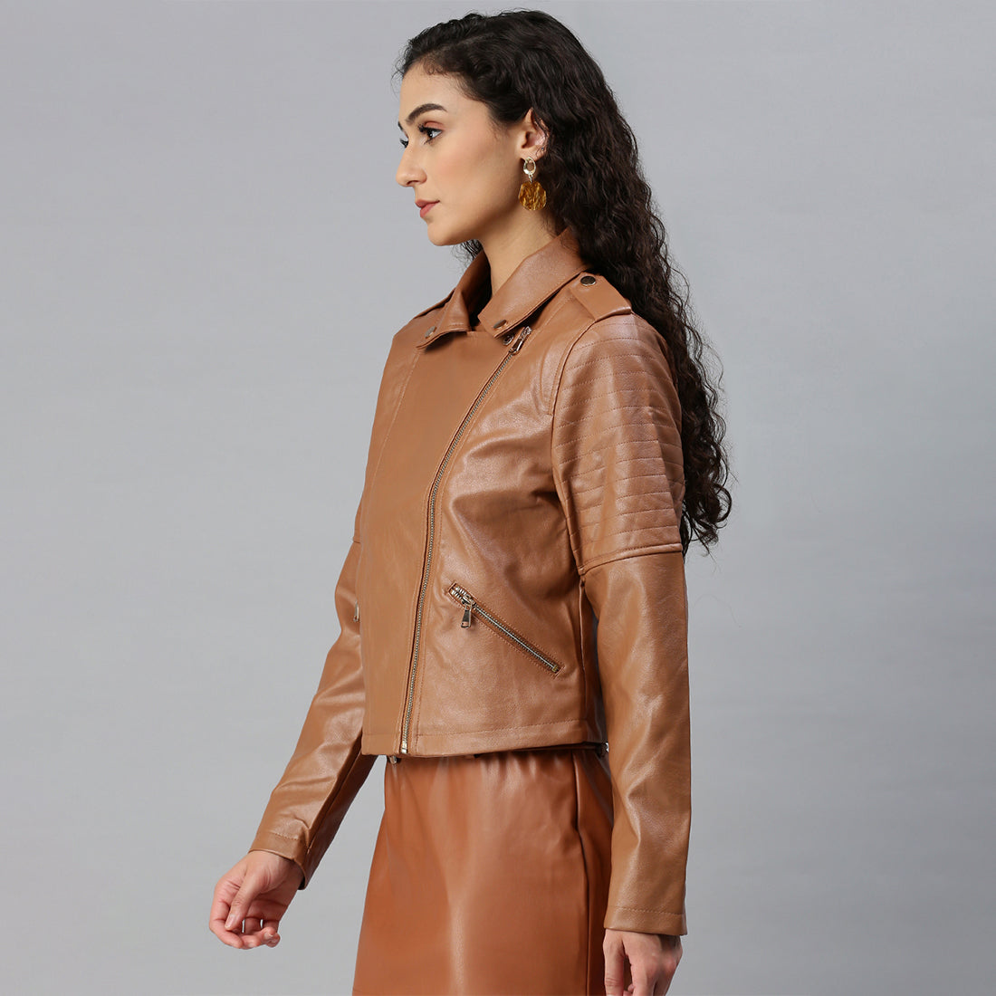 collared pu biker jacket#color_coffee