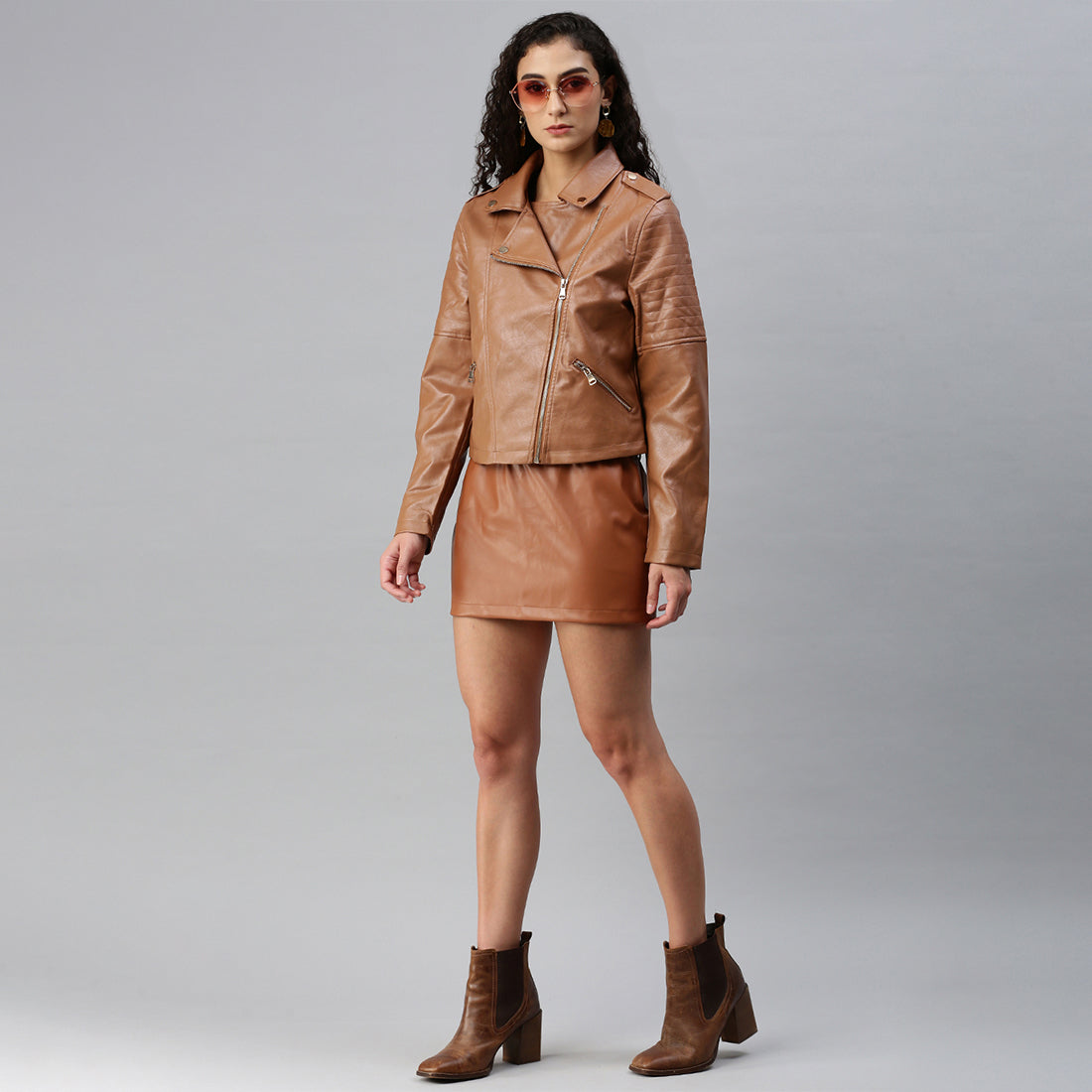 collared pu biker jacket#color_coffee