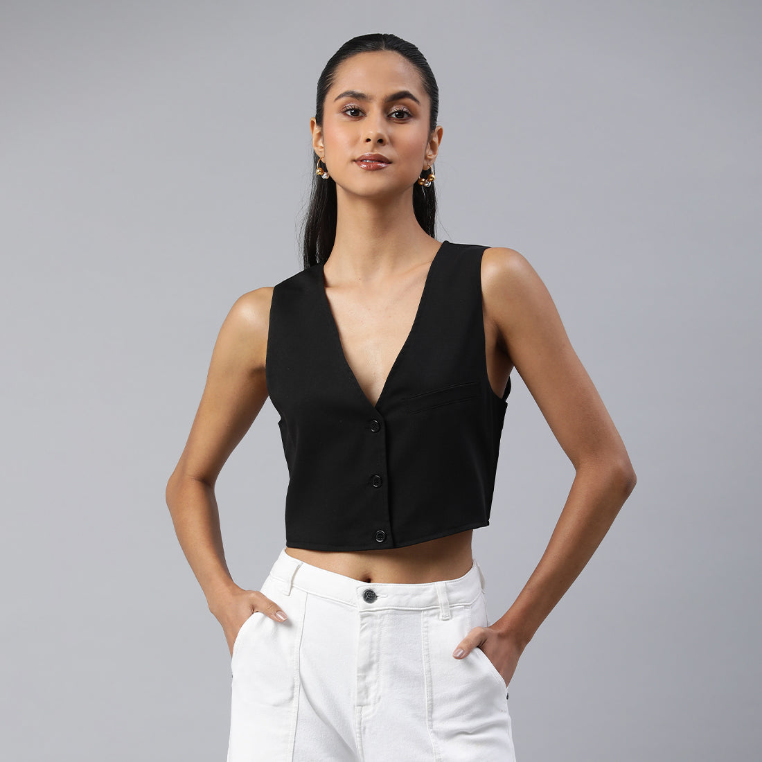 casual button down vest#color_black