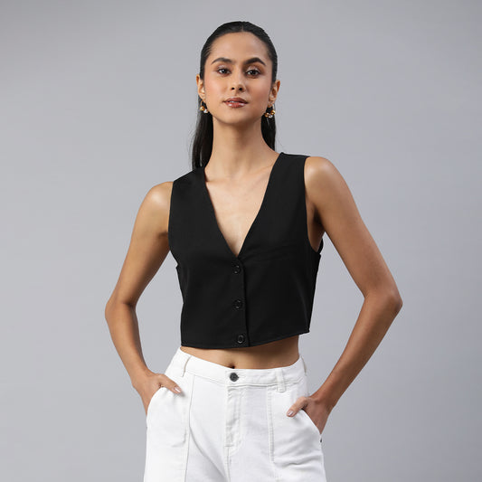 casual button down vest#color_black