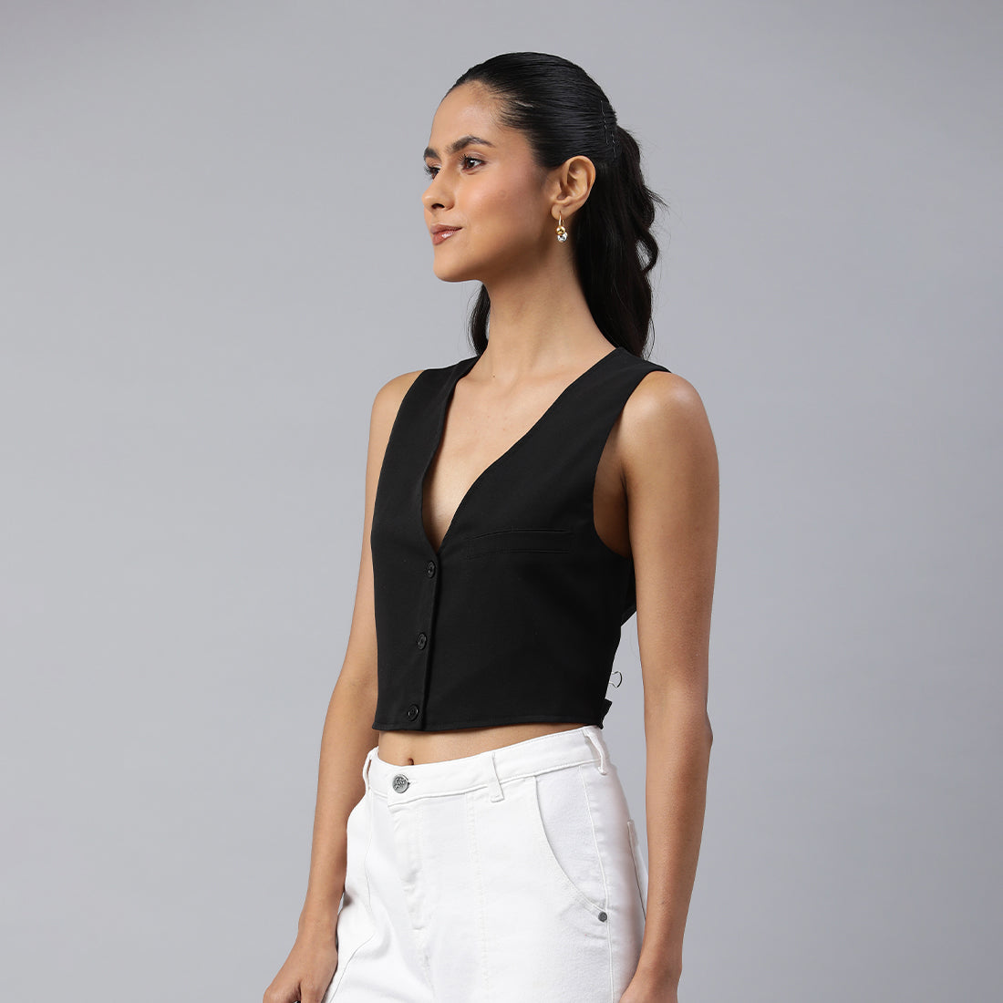 casual button down vest#color_black