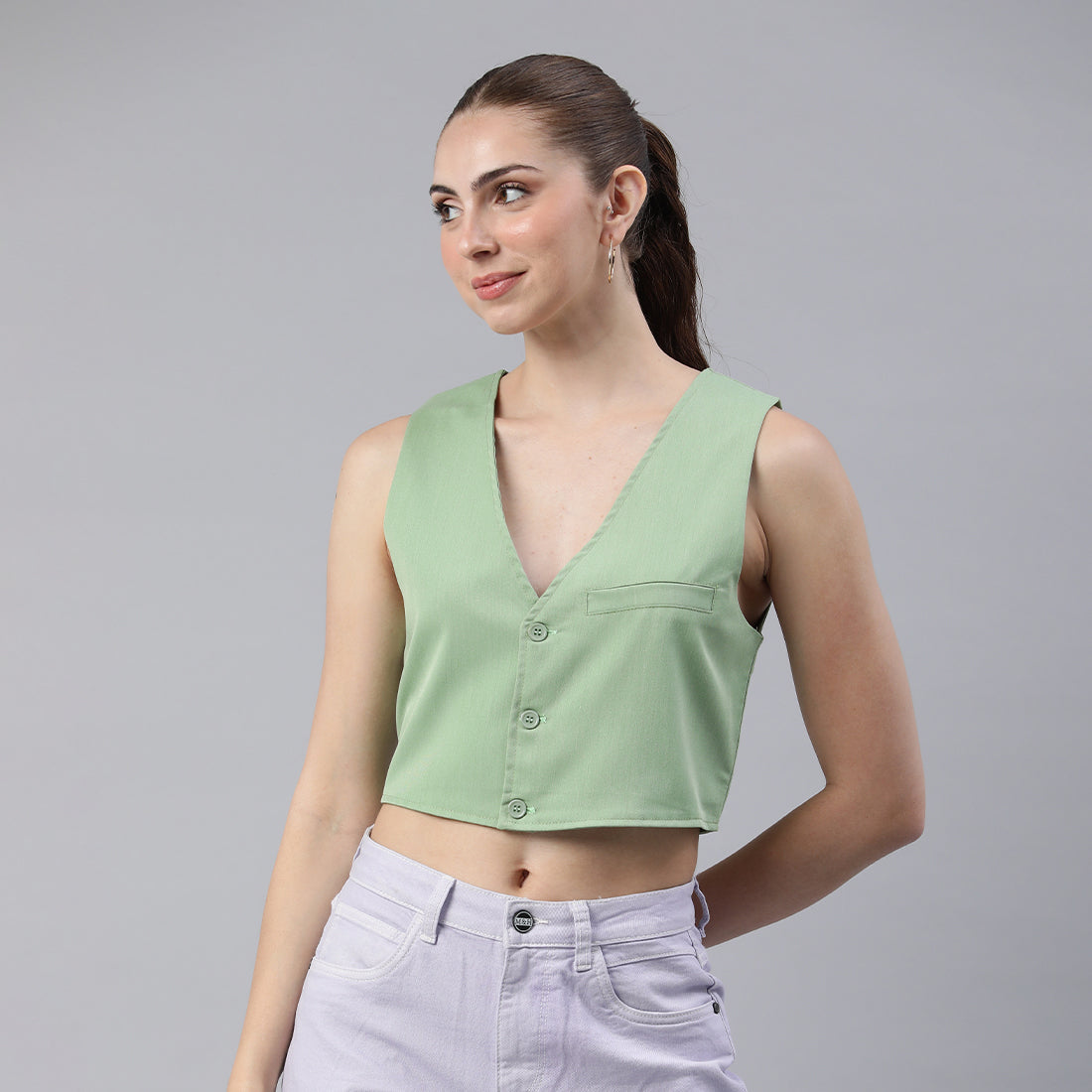 casual button down vest#color_green