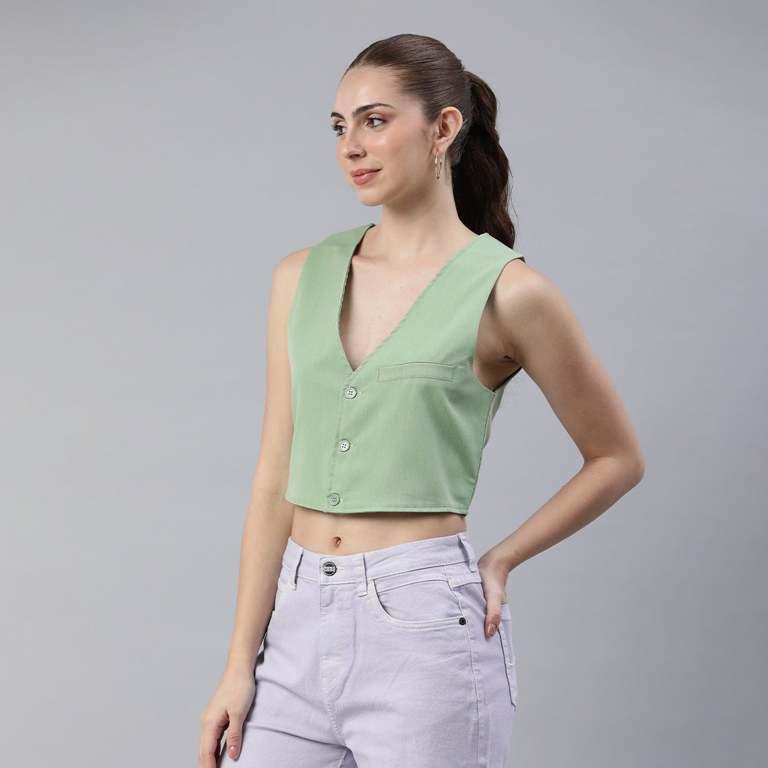 casual button down vest#color_green