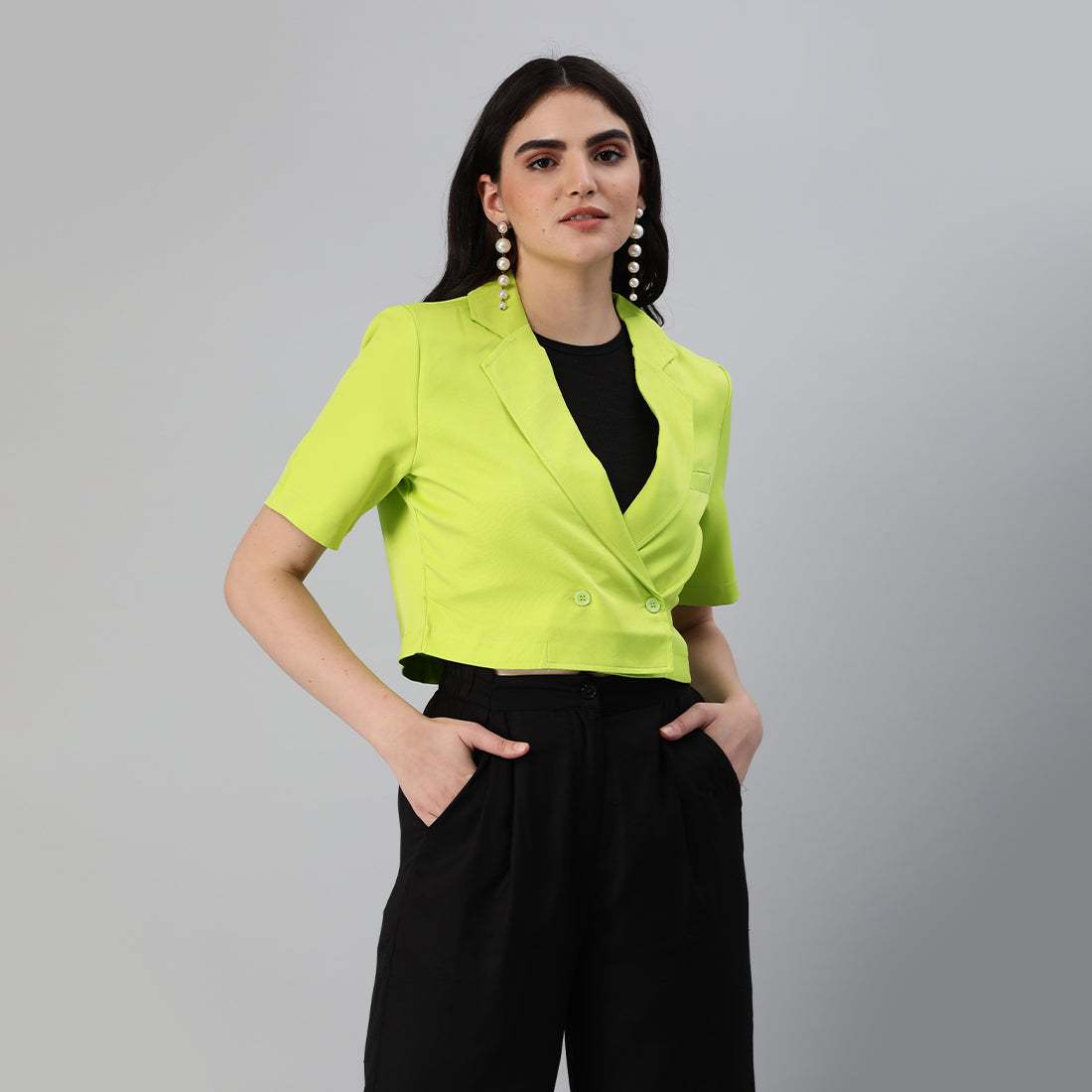 short sleeved cropped blazer jacket#color_lime-green