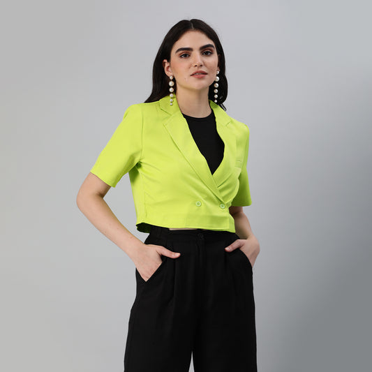 short sleeved cropped blazer jacket#color_lime-green