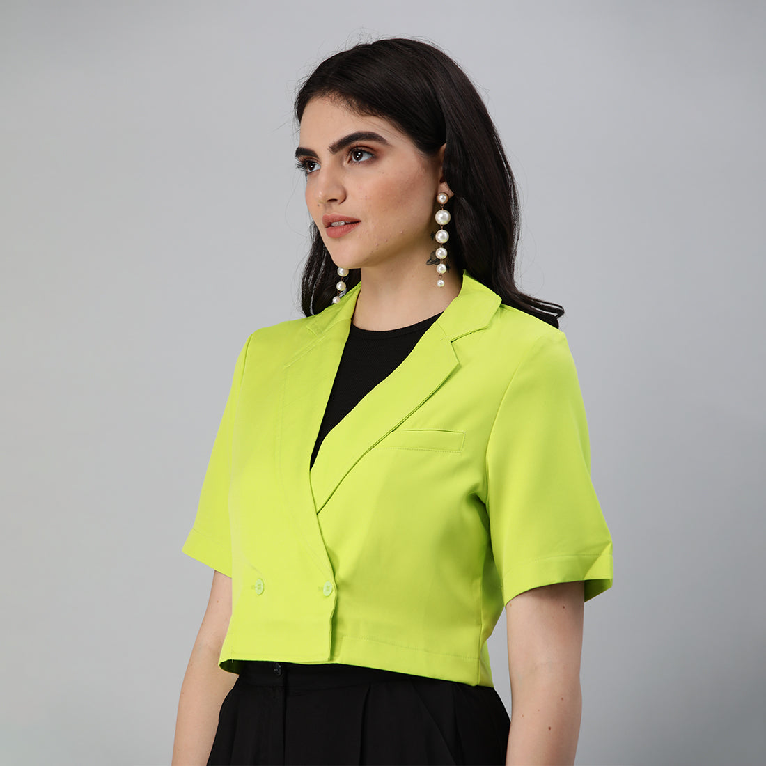 short sleeved cropped blazer jacket#color_lime-green