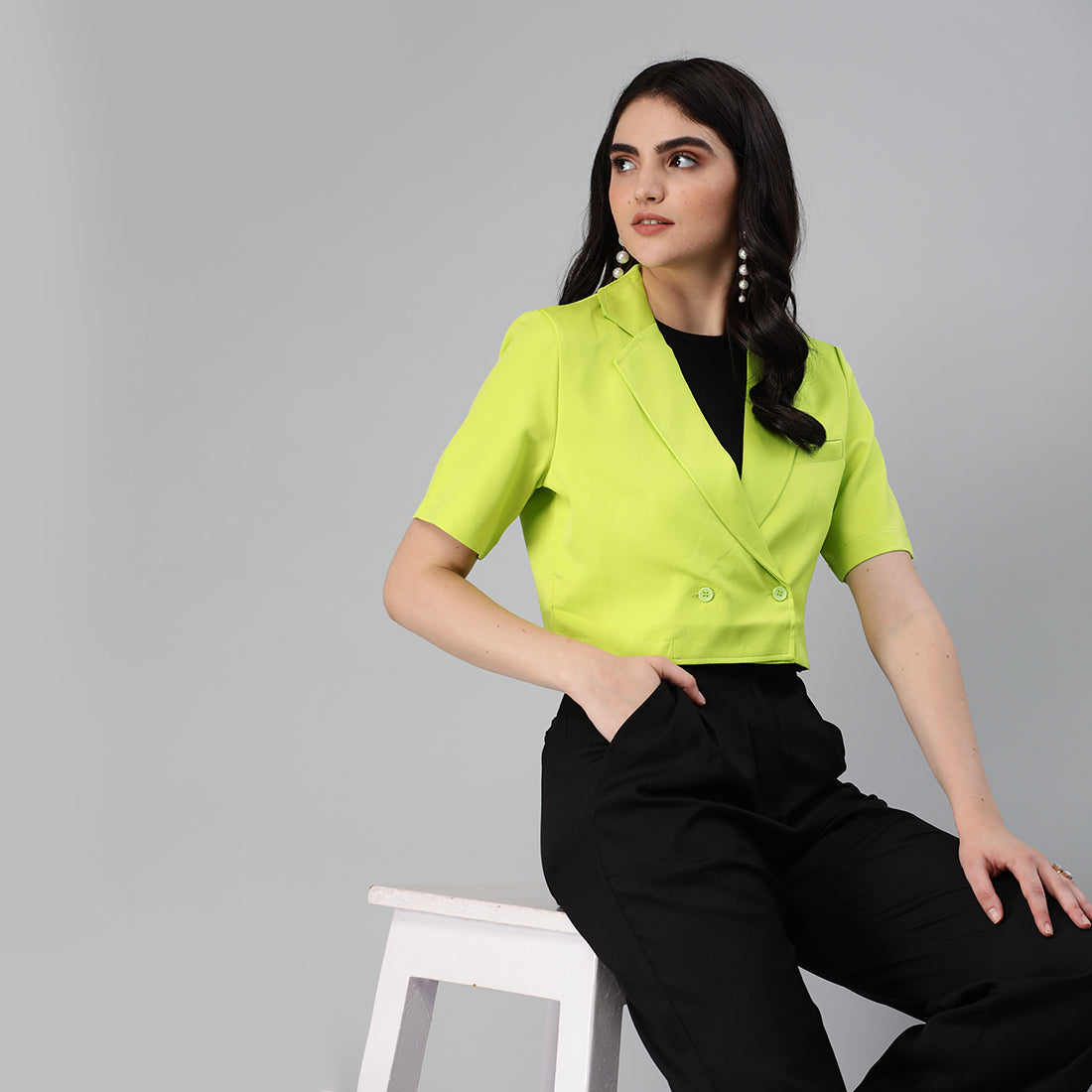 short sleeved cropped blazer jacket#color_lime-green