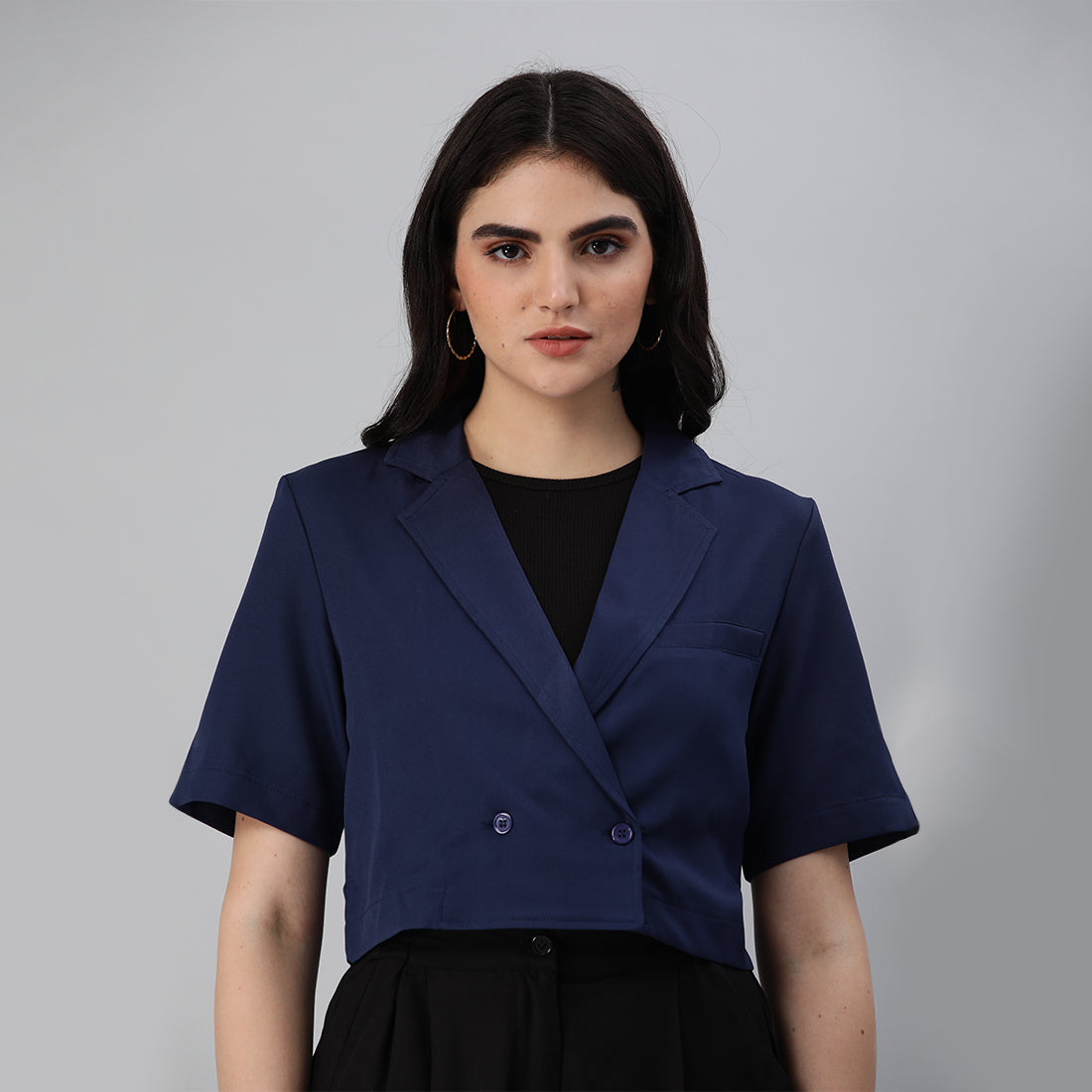 short sleeved cropped blazer jacket#color_navy